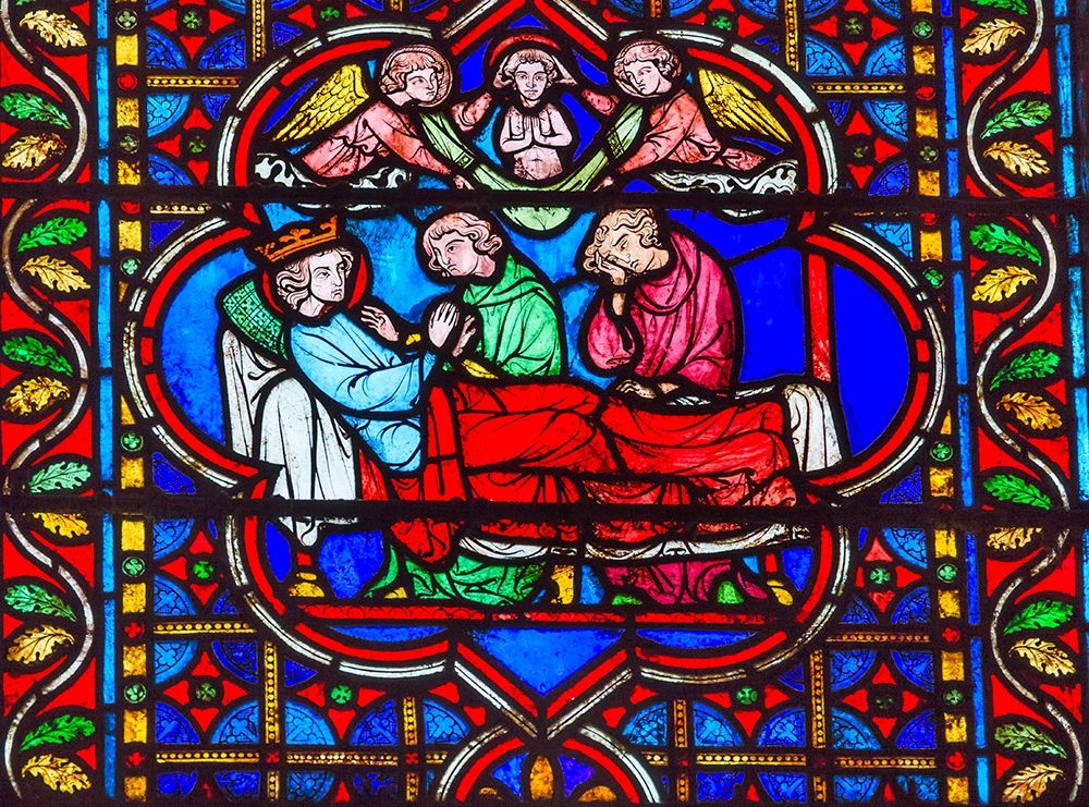 King Death Bed Angels Medieval Stories stained glass-Notre Dame Cathedral-Paris-France